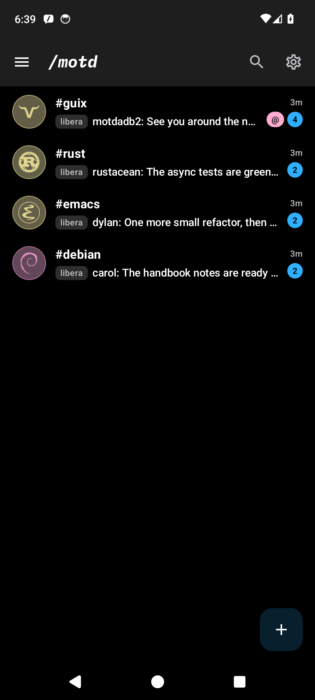 motd chat list showing Guix, Debian, Emacs, and Rust channels